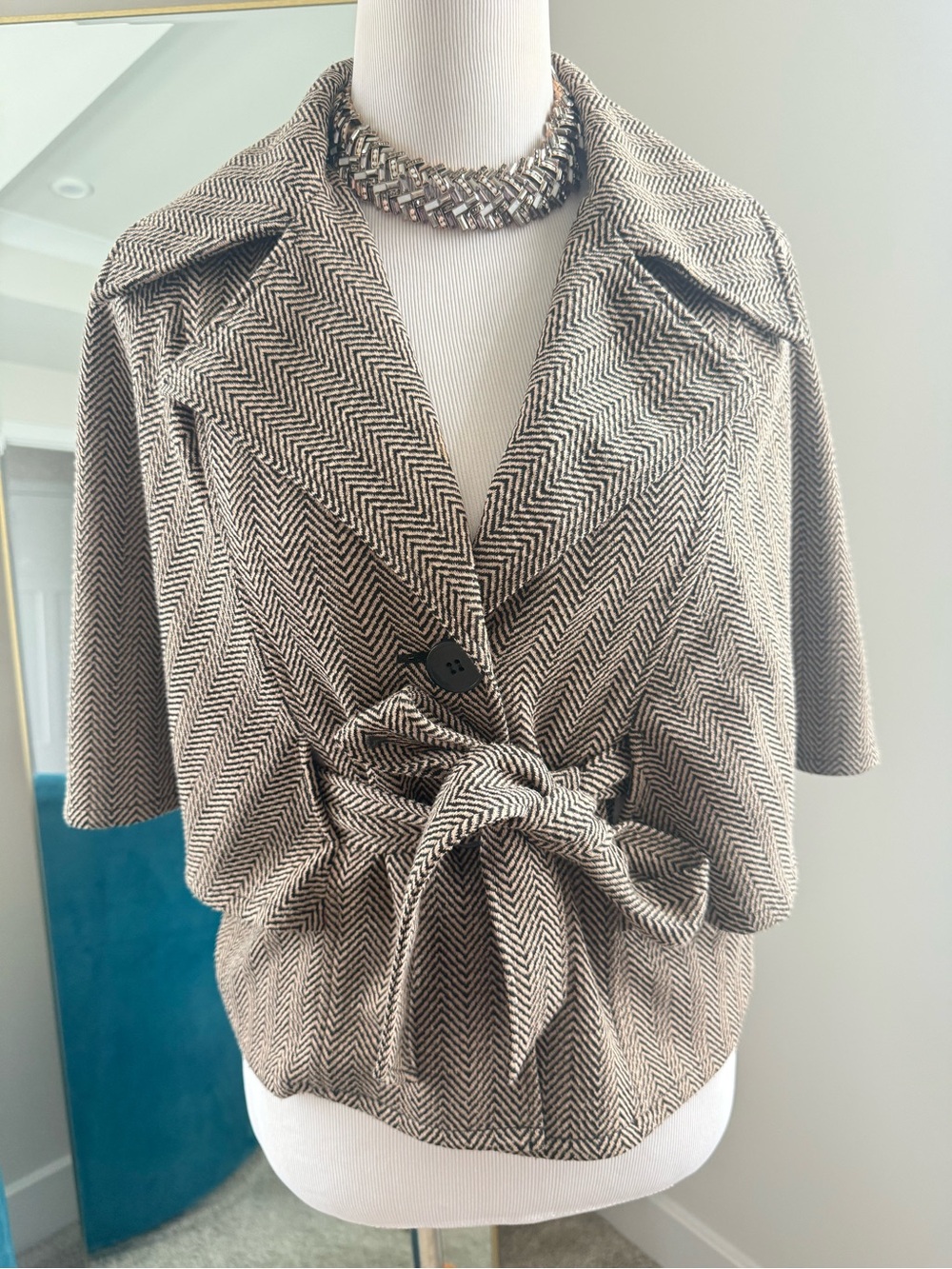 Nine West Brown and Cream Tie-Waist Jacket size 4-small